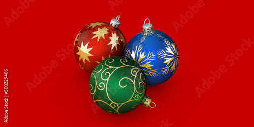 palline di natale su fondo rosso 3d illustrazione