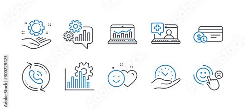 Set of Technology icons, such as Seo graph, Cogwheel, Call center, Medical help, Safe time, Smile, Web analytics, Employee hand, Payment method, Customer satisfaction line icons. Vector