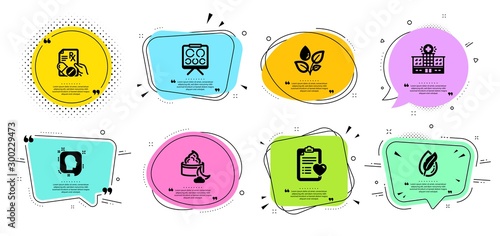 Prescription drugs, Patient history and Night cream line icons set. Chat bubbles with quotes. Plants watering, Head and Vision board signs. Hypoallergenic tested, Hospital building symbols. Vector