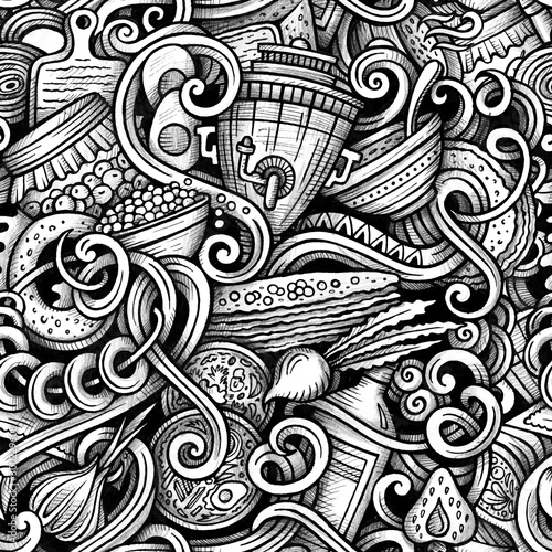 Russian food vector hand drawn doodles seamless pattern.