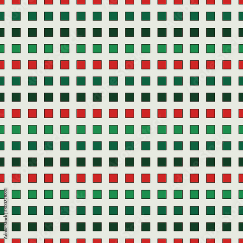 Seamless pattern in Christmas traditional colors with repeated squares. Horizontal dashed lines abstract background.