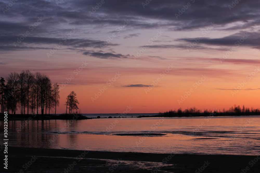 Bright morning sky and trees at the shore of Lake Vanern, Sweden.