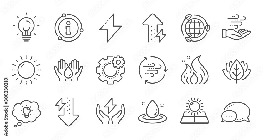 Energy line icons. Solar panels, wind energy and electric thunder bolt. Fire flame, hazard, green ecology icons. Linear set. Quality line set. Vector