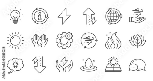 Energy line icons. Solar panels, wind energy and electric thunder bolt. Fire flame, hazard, green ecology icons. Linear set. Quality line set. Vector