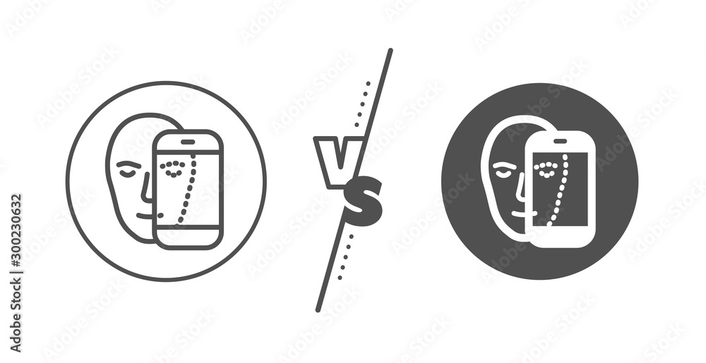 Facial recognition by phone sign. Versus concept. Face biometrics line icon. Head scanning symbol. Line vs classic face biometrics icon. Vector Facial recognition by phone sign. Versus concept. Face biometrics line icon. Head scanning symbol. Line vs classic face biometrics icon. Vector