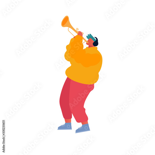 Hipster Musician Performing Show on City Street Playing Trumpet for Pedestrians. Talented Man Play Melody Isolated on White Background. Musical Concert Performance. Cartoon Flat Vector Illustration