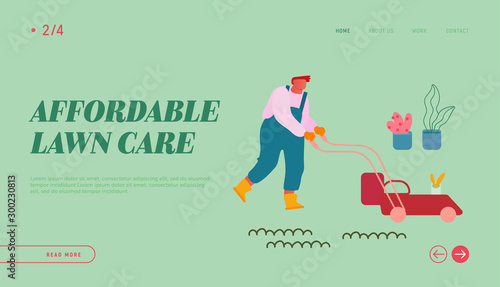 Man Mow Lawn in Garden Website Landing Page. Gardener or Worker Pushing Lawn Mower Machine for Cutting and Trimming Grass in Yard or Public City Park Web Page Banner. Cartoon Flat Vector Illustration