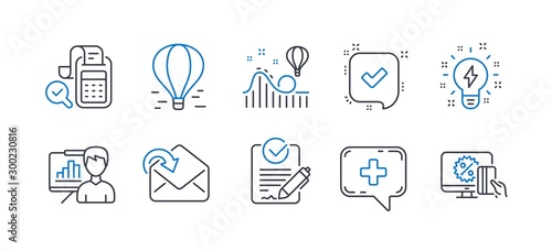 Set of Technology icons, such as Air balloon, Roller coaster, Presentation board, Receive mail, Inspiration, Rfp, Bill accounting, Medical chat, Confirmed, Online shopping line icons. Vector