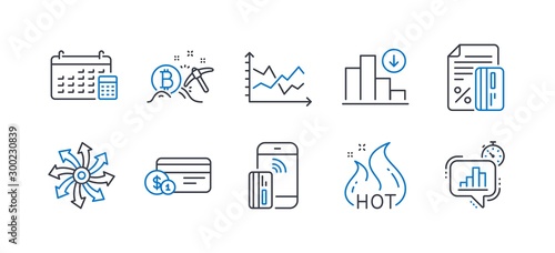 Set of Finance icons, such as Contactless payment, Credit card, Diagram chart, Versatile, Hot sale, Bitcoin mining, Payment method, Calendar, Decreasing graph, Statistics timer line icons. Vector