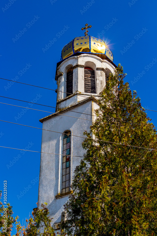 Eastern Orthodox Church of the Assumption of Saint Mary beautiful shiny dome in the village of Byal Izvor, Municipality of Opan, in Stara Zagora Province, Southern Bulgaria