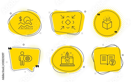 Check investment, Start business and Help signs. Chat bubbles. Augmented reality, Cogwheel and Minimize line icons set. Virtual reality, Engineering tool, Small screen. Business report. Vector