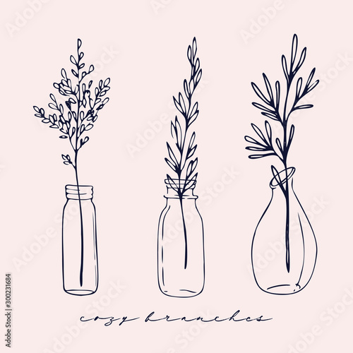 Set of floral compositions. Bouquets with hand drawnbranches in vases and jars. Monochrome vector illustrations in sketch style. Cozy branches