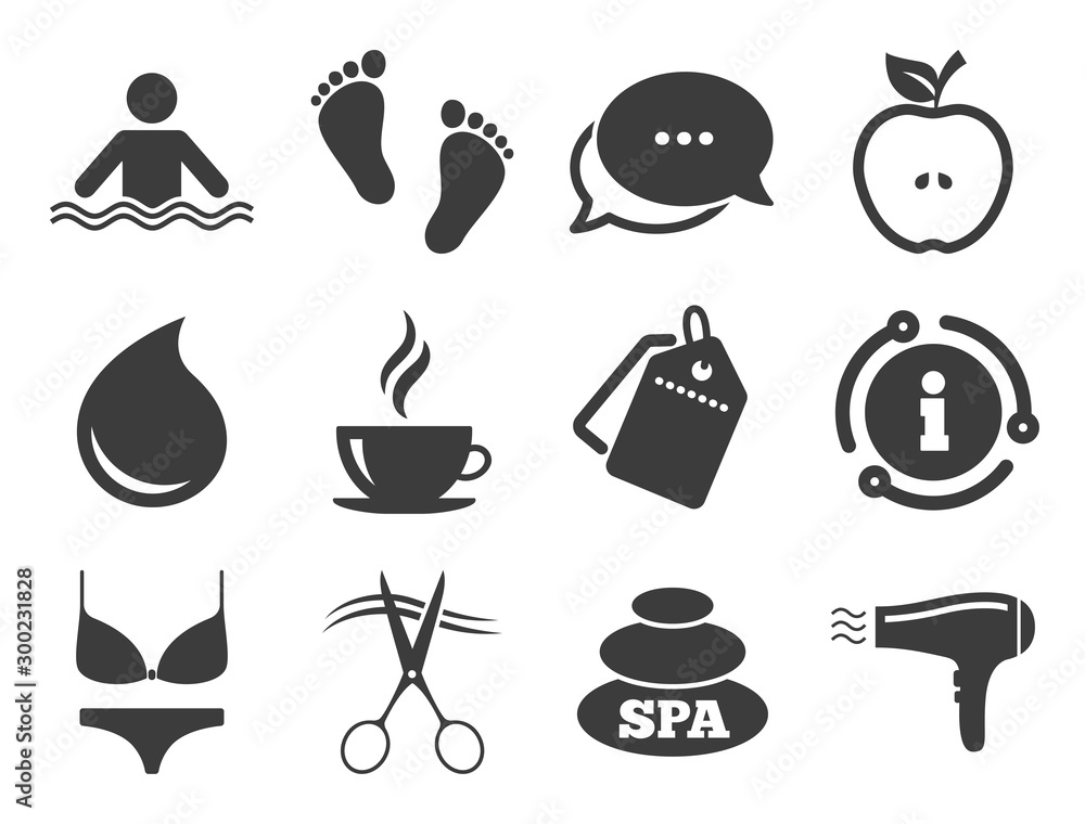 Fototapeta premium Swimming pool sign. Discount offer tag, chat, info icon. Spa, hairdressing icons. Lingerie, scissors and hairdryer symbols. Classic style signs set. Vector