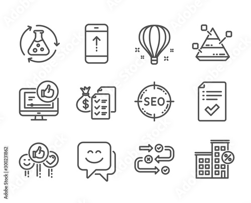 Set of Technology icons  such as Survey progress  Smile face  Air balloon  Approved checklist  Loan house  Chemistry experiment  Accounting wealth  Like video  Pyramid chart  Seo  Swipe up. Vector