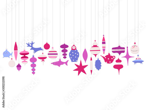 Vector illustration of various hanging Christmas ornaments. Winter holidays banner or background.