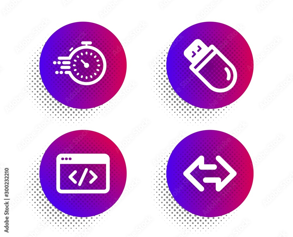 Seo script, Timer and Usb stick icons simple set. Halftone dots button. Sync sign. Programming, Deadline management, Memory flash. Synchronize. Business set. Classic flat seo script icon. Vector