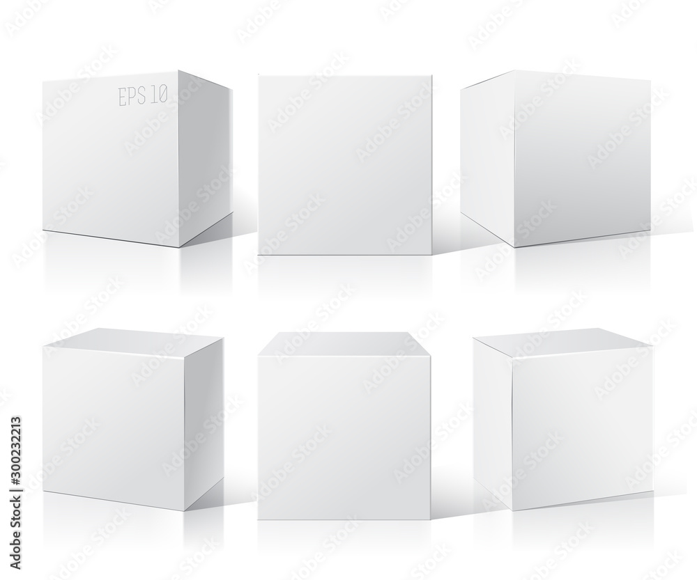 Set of blank white packaging boxes. Different positions. Vector illustration Set of blank white packaging boxes. Different positions. Vector illustration