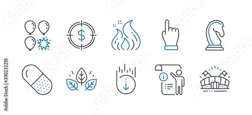 Set of Business icons, such as Marketing strategy, Fire energy, Manual doc, Scroll down, Dollar target, Organic tested, Capsule pill, Click hand, Balloon dart, Sports arena line icons. Vector