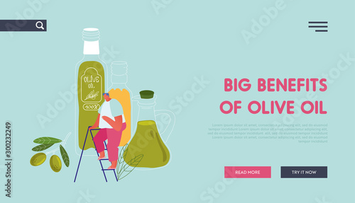 Farmers Natural Oil Product Website Landing Page. Tiny Male Character Stand on Ladder at Huge Extra Virgin Olive Oil Glass Bottles and Green Branch Web Page Banner. Cartoon Flat Vector Illustration