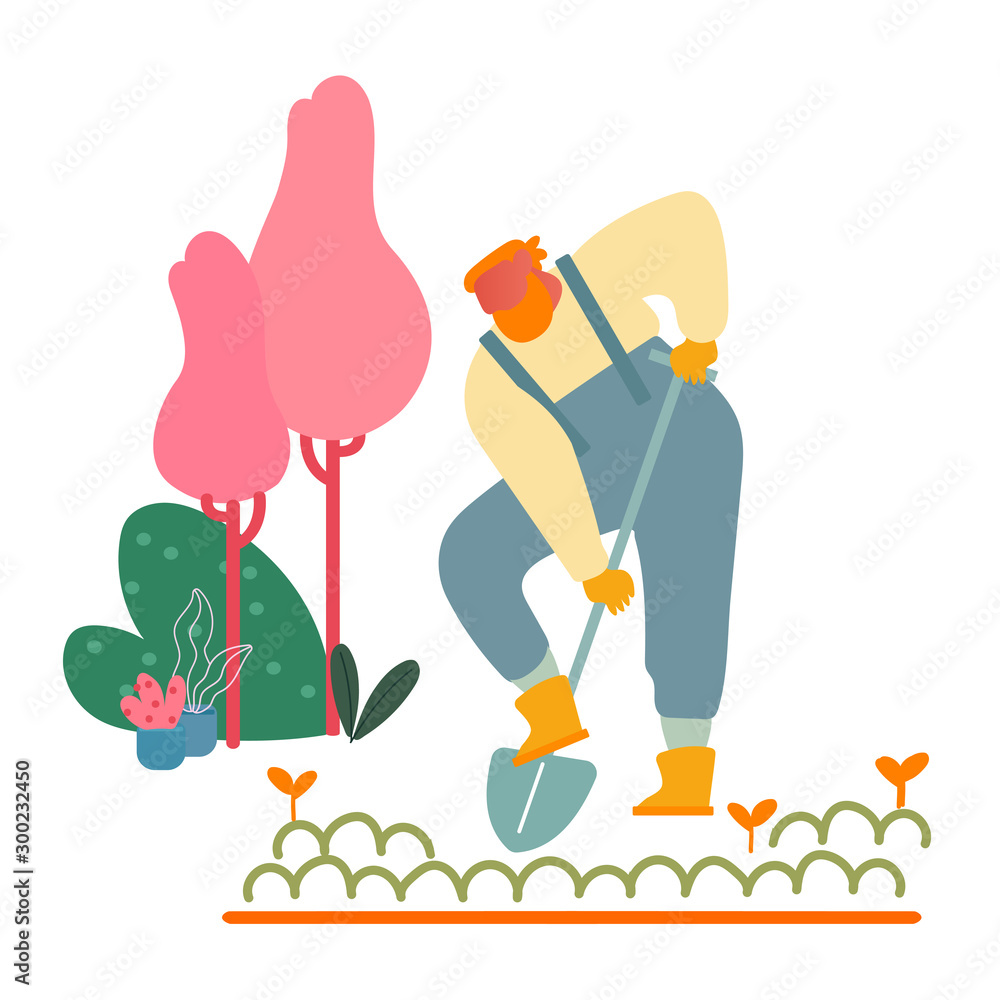 Farmer Woman in Overalls Working in Garden Digging Soil and Care of Plants  in Village or Countryside. Gardener Planting Sprouts to Ground. Active  Outdoor Hobby or Work Cartoon Flat Vector Illustration Stock