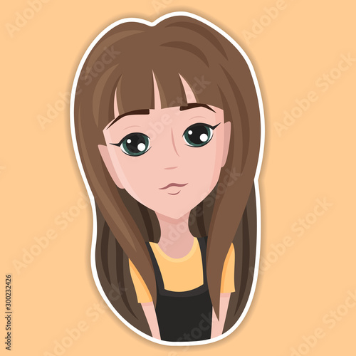 Beautiful upset sad smiling cartoon girl isolated on background, stickers with different facial expression. Cartoon character design, sticker design, avatar. Flat vector illustration