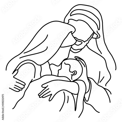 close-up Christmas nativity scene of Joseph and Mary holding baby Jesus vector illustration sketch doodle hand drawn with black lines isolated on white background
