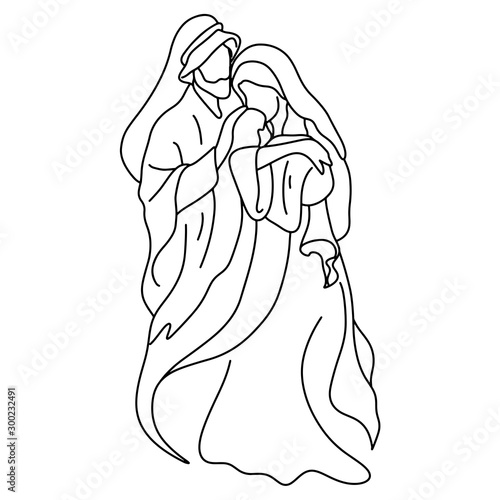 Joseph and Mary holding baby Jesus vector illustration sketch doodle hand drawn isolated on white background. Christmas nativity scene