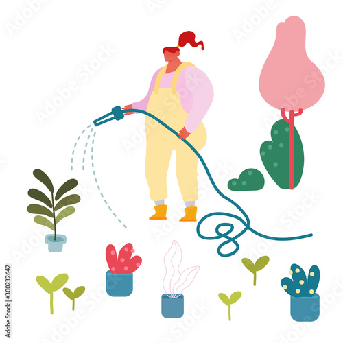 Young Woman Watering Potted Domestic Plants from Hose Outdoors in House Yard. Girl Bring Flowers in Pots on Open Air for Caring or Replanting. Gardening Hobby Concept. Cartoon Flat Vector Illustration