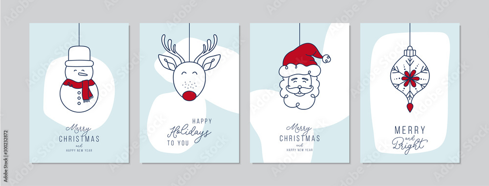 Merry Christmas cards set with hand drawn Santa Claus and friends ...