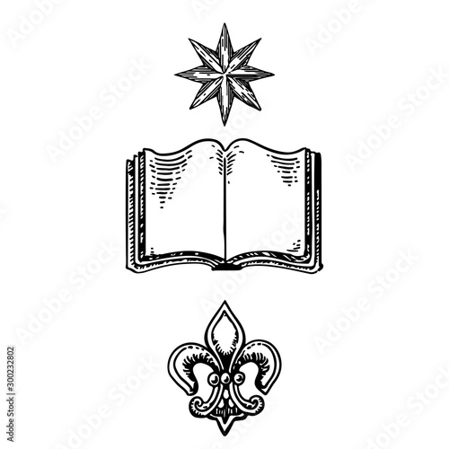 heraldic symbols - book, flower, star. knowledge and family history in gerb motive. vector illustration