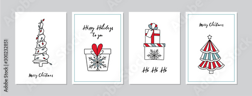 Merry Christmas cards set with hand drawn Christmas trees and gifts. Doodles and sketches vector Christmas illustrations, DIN A6.
