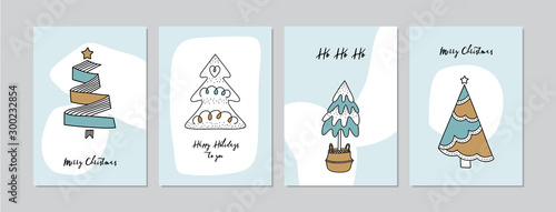 Merry Christmas cards set with hand drawn Christmas trees. Doodles and sketches vector Christmas illustrations, DIN A6.