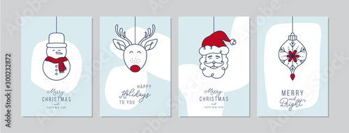 Merry Christmas cards set with hand drawn Santa Claus and friends. Doodles and sketches vector Christmas illustrations, DIN A6.