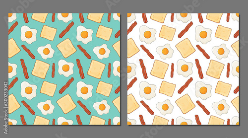 Vector set of fried eggs seamless patterns for healthy food packaging. English breakfast backgrounds with bacon, toast for shops, cafes and products. Vector illustration