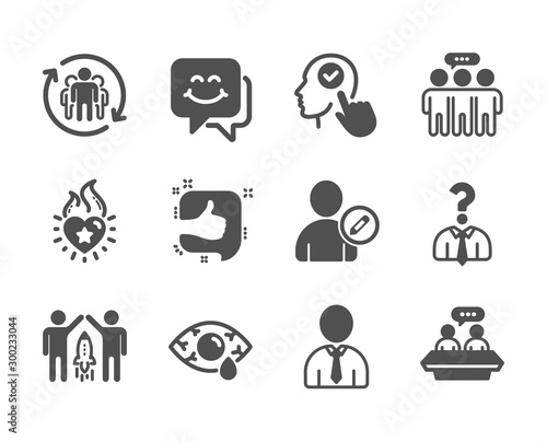 Set of People icons, such as Select user, Smile face, Heart flame, Edit user, Human, Hiring employees, Employees talk, Like, Ð¡onjunctivitis eye, Teamwork, Partnership classic icons. Vector