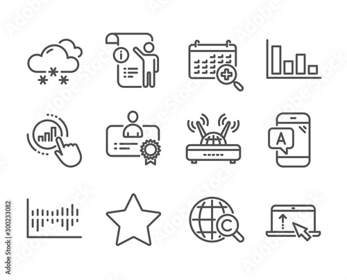 Set of Science icons, such as Manual doc, Certificate, Graph chart, Column diagram, International Ð¡opyright, Ab testing, Swipe up, Wifi, Star, Histogram, Snow weather, Medical calendar. Vector