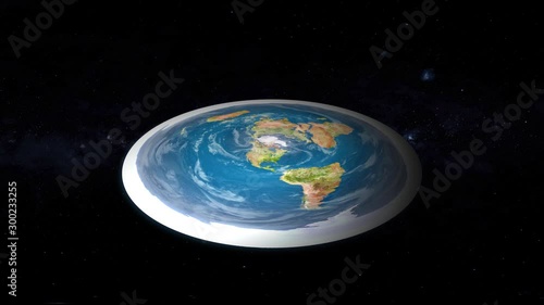 A 3D illustration of a flat Earth concept rotating in space.  	 photo