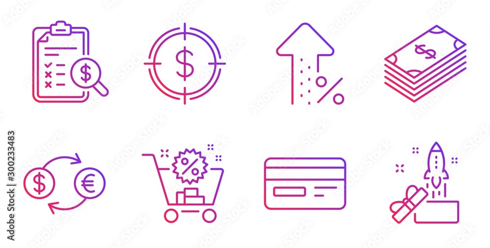 Credit card, Shopping cart and Increasing percent line icons set. Dollar, Dollar target and Currency exchange signs. Accounting report, Innovation symbols. Card payment, Discount. Vector Credit card, Shopping cart and Increasing percent line icons set. Dollar, Dollar target and Currency exchange signs. Accounting report, Innovation symbols. Card payment, Discount. Vector