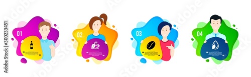 Coffee beans, Mint tea and Brandy bottle icons simple set. People shapes timeline. Water drop sign. Vegetarian seed, Mentha beverage, Whiskey. Mint leaf. Food and drink set. Vector