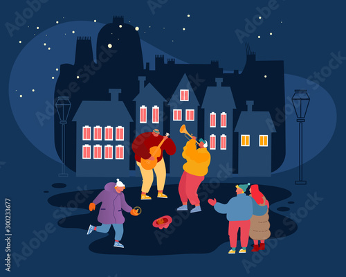 Musical Performance Concept. Street Musicians Perform Outdoor Show. Guitarist and Trumpeter Playing Music in Night City Park People Watching Concert Put Money in Hat Cartoon Flat Vector Illustration