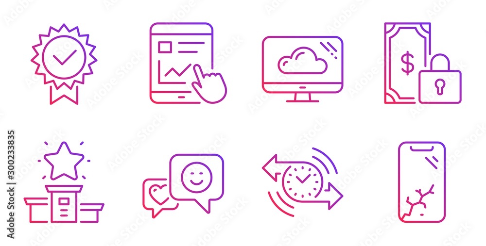 Internet report, Certificate and Smile line icons set. Private payment, Winner podium and Timer signs. Cloud storage, Smartphone broken symbols. Web tutorial, Verified award. Technology set. Vector