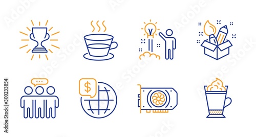 Gpu, Creativity and World money line icons set. Employees group, Trophy and Creative idea signs. Coffee cup, Latte coffee symbols. Graphic card, Design idea. Business set. Line gpu icon. Vector