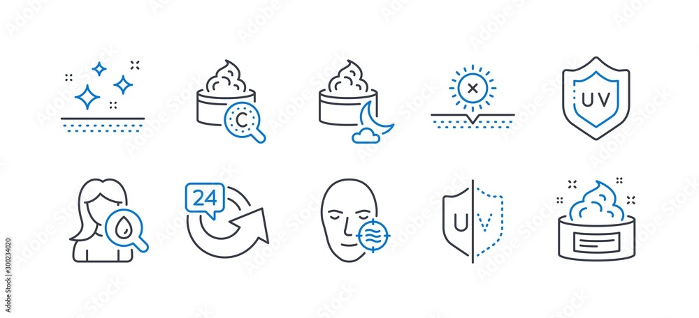 Set of Beauty icons, such as Problem skin, No sun, Uv protection, Uv protection, Clean skin, 24 hours, Night cream, Moisturizing cream line icons. Facial care, Ultraviolet. Vector Set of Beauty icons, such as Problem skin, No sun, Uv protection, Uv protection, Clean skin, 24 hours, Night cream, Moisturizing cream line icons. Facial care, Ultraviolet. Vector