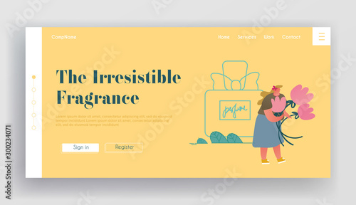 Aroma Cosmetics Perfumery Production Website Landing Page. Perfumer Holding Flower Ingredient for Creating New Perfume Floral Fragrance Toilet Water Web Page Banner. Cartoon Flat Vector Illustration