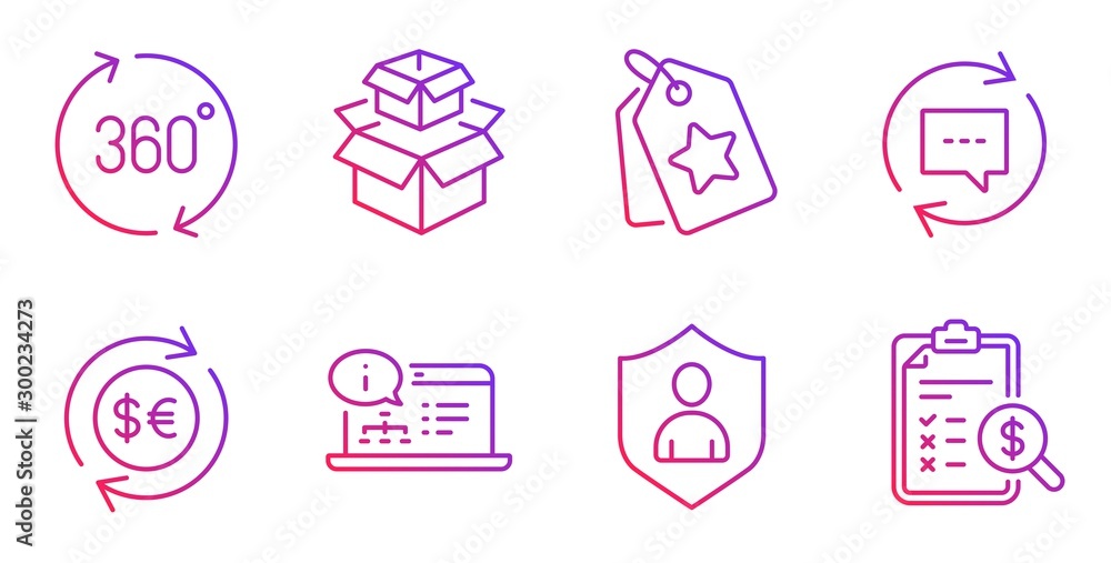 Security, Packing boxes and Money currency line icons set. Loyalty tags, 360 degrees and Update comments signs. Online documentation, Accounting report symbols. Gradient security icon. Vector Security, Packing boxes and Money currency line icons set. Loyalty tags, 360 degrees and Update comments signs. Online documentation, Accounting report symbols. Gradient security icon. Vector
