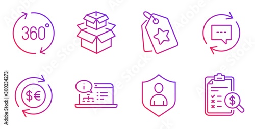 Security, Packing boxes and Money currency line icons set. Loyalty tags, 360 degrees and Update comments signs. Online documentation, Accounting report symbols. Gradient security icon. Vector