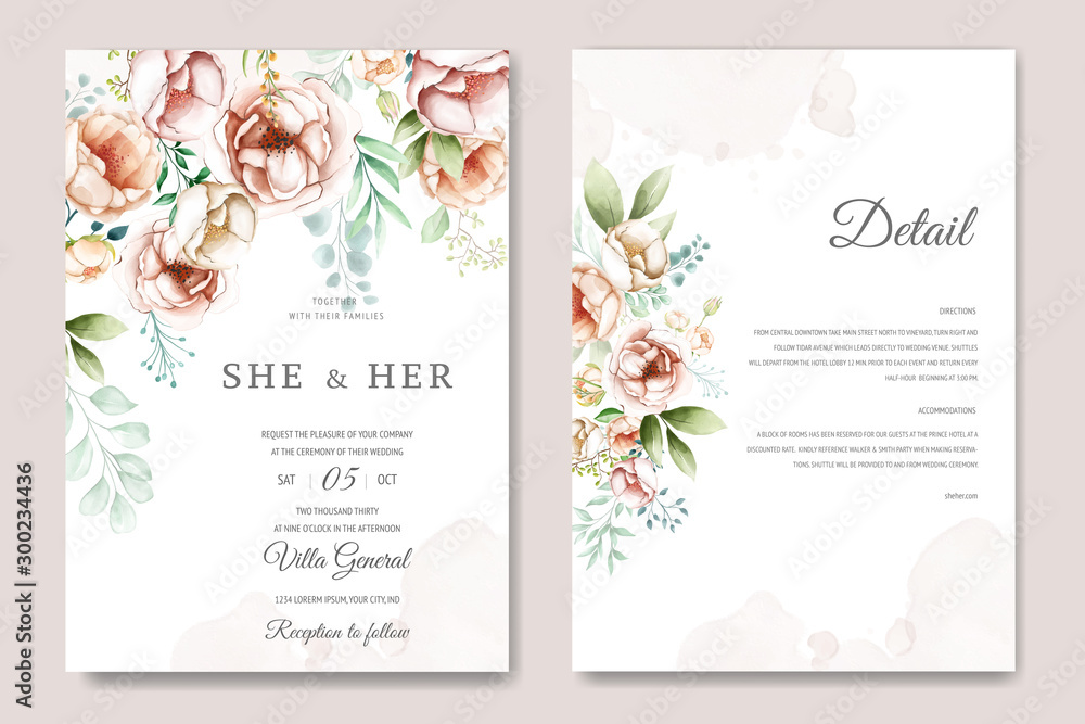 wedding invitation card with watercolor floral and leaves