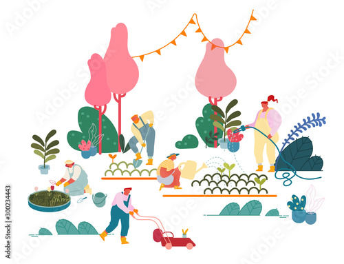 Men and Women Farmers or Gardeners Planting and Caring of Trees and Plants. Happy Characters Working in Summer Garden Watering, Digging Soil Care of Flowers, Gardening Cartoon Flat Vector Illustration