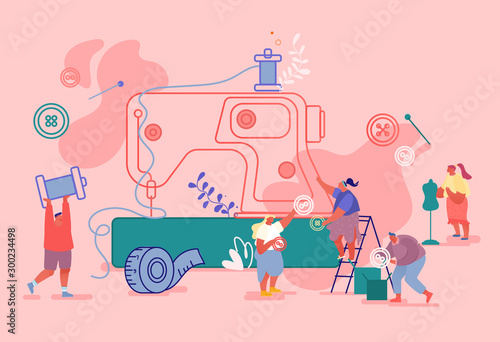 Creative Atelier Fashion Design Concept, Dressmakers Create Outfit and Apparel on Sewing Machine, Assistant Working with Mannequin. Tailor Textile Craft Business. Cartoon Flat Vector Illustration