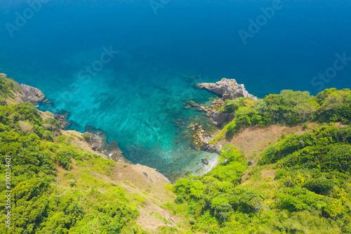 Aerial view from a drone of beautiful Nyaung Oo Phee island on sunny day in Myanmar.